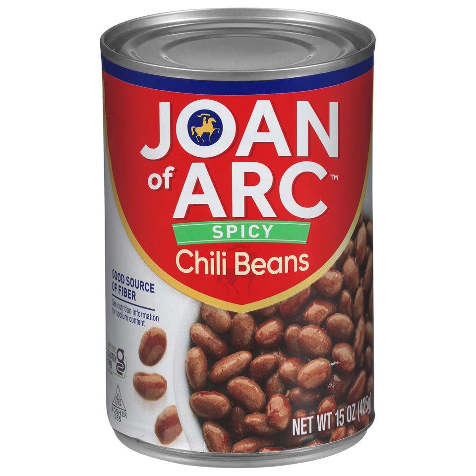 Joan of Arc Spicy Chili Beans pack shows 12 cans ready for bulk meals.