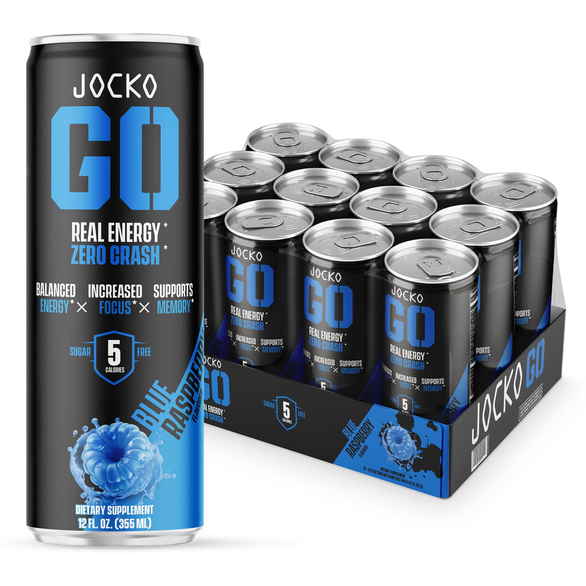 Jocko GO Blue Raspberry front can shows a sugar-free energy boost for focus.