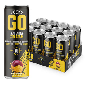 JOCKO GO Mango Passionfruit bottle on desk boosts focus and energy.