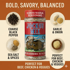 Grilling scene with Jocko's mix enhances meat's depth and crust.
