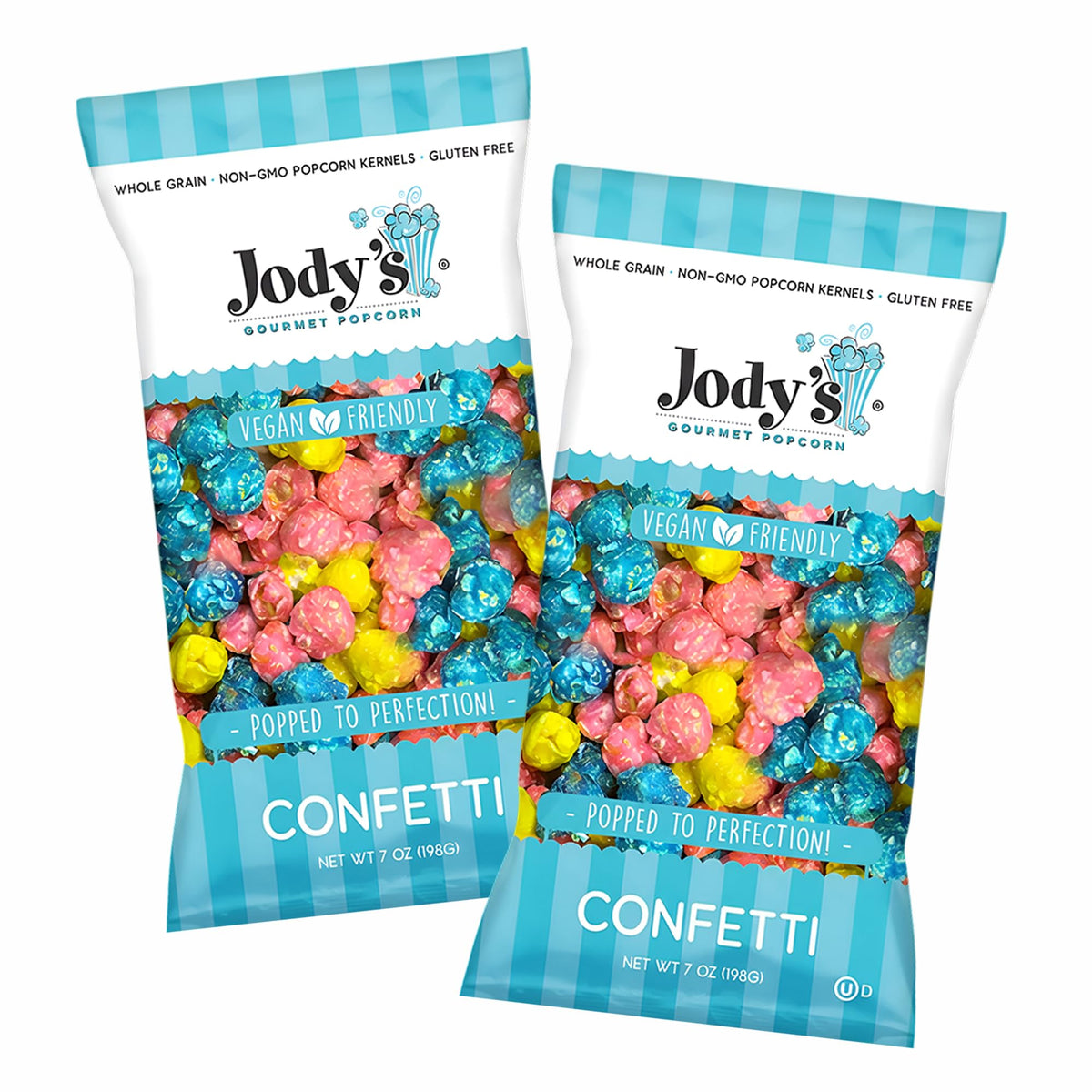 Jody’s Confetti Popcorn bags with two 7oz portions for easy sharing.