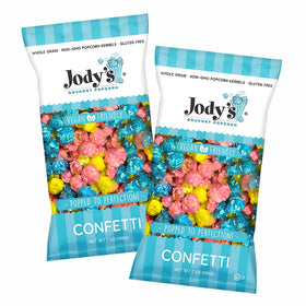 Jody’s Confetti Popcorn bags with two 7oz portions for easy sharing.