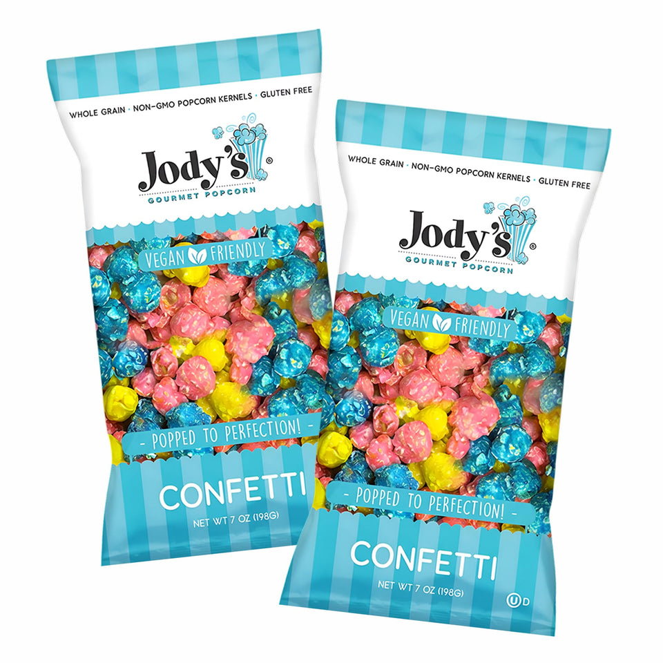 Jody’s Confetti Popcorn bags with two 7oz portions for easy sharing.