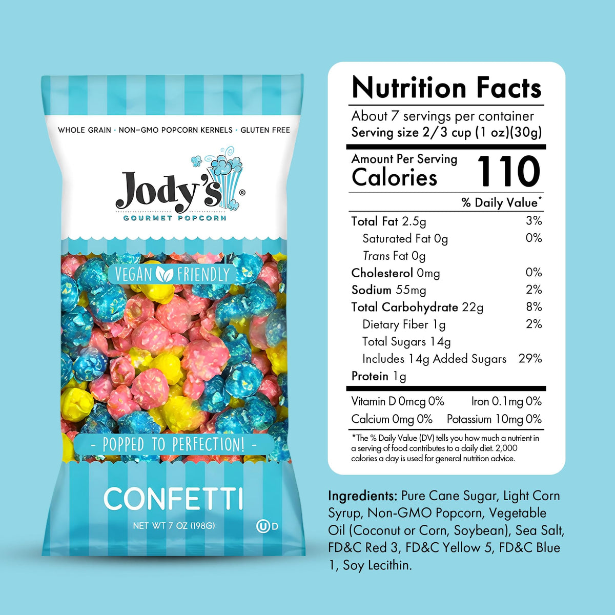 Jody’s Confetti Popcorn party-ready packaging enhances celebrations.