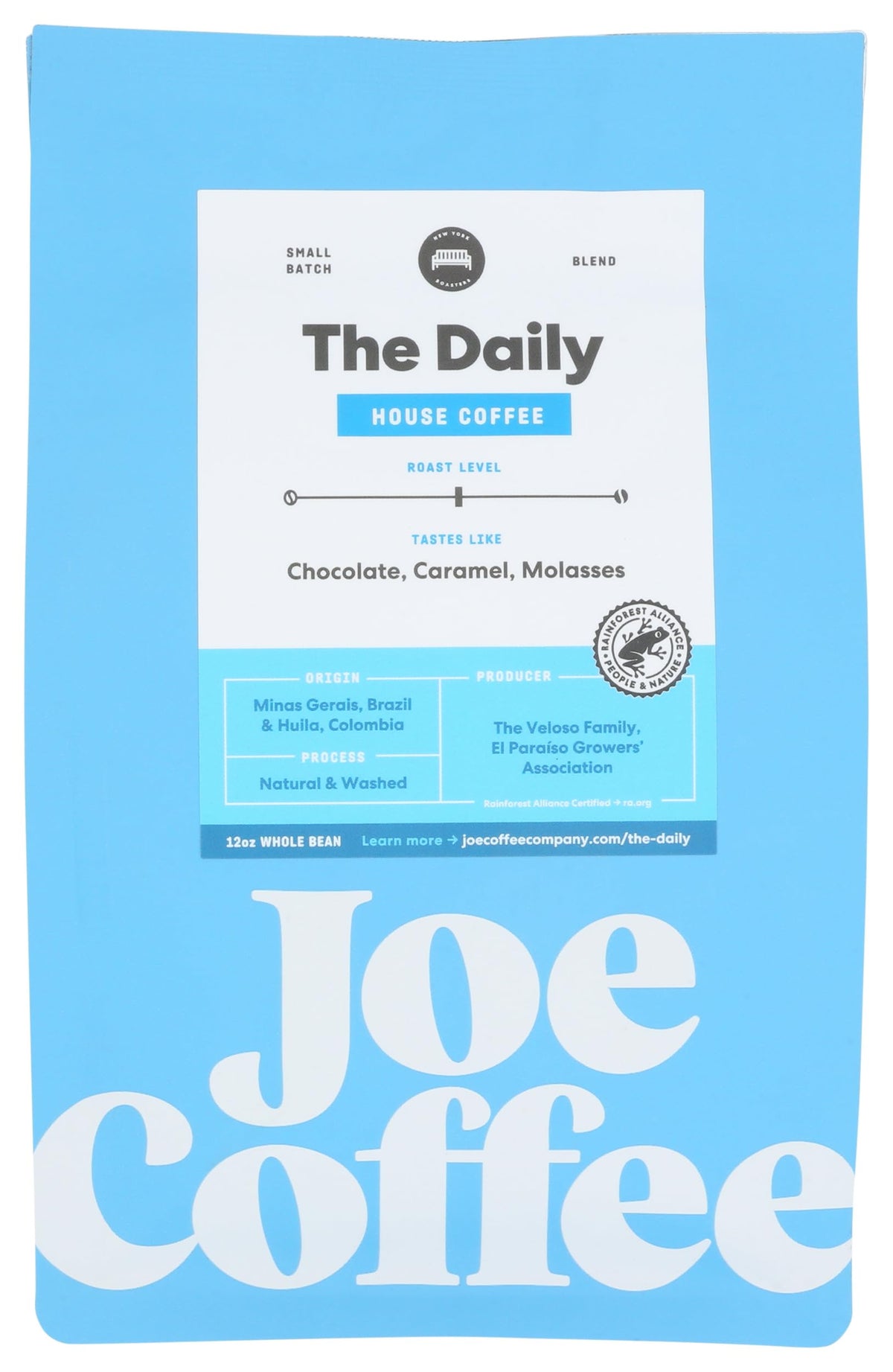 Joe Coffee Company Daily bag front with Rainforest Alliance certification for sustainable sourcing.