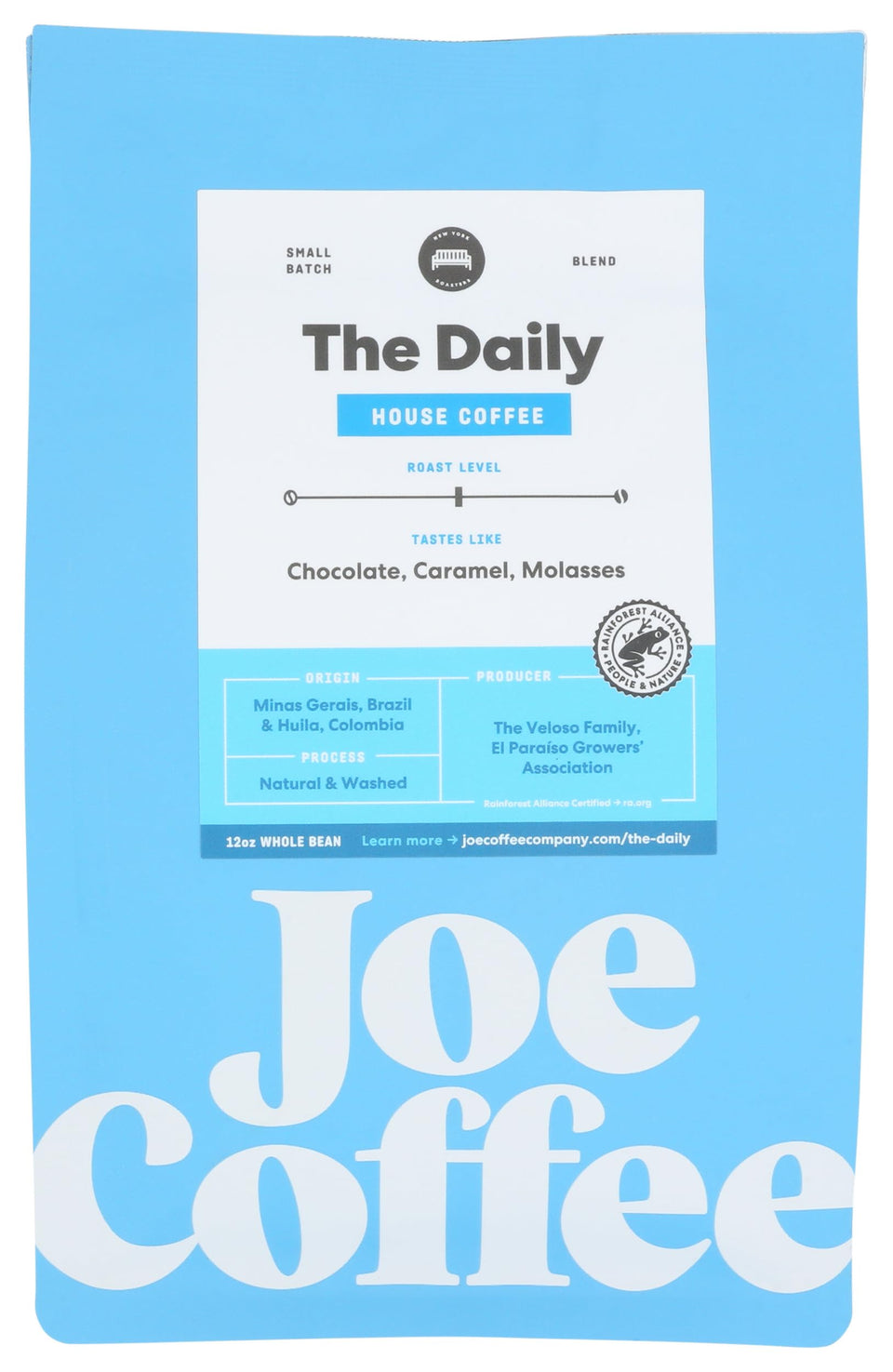 Joe Coffee Company Daily bag front with Rainforest Alliance certification for sustainable sourcing.