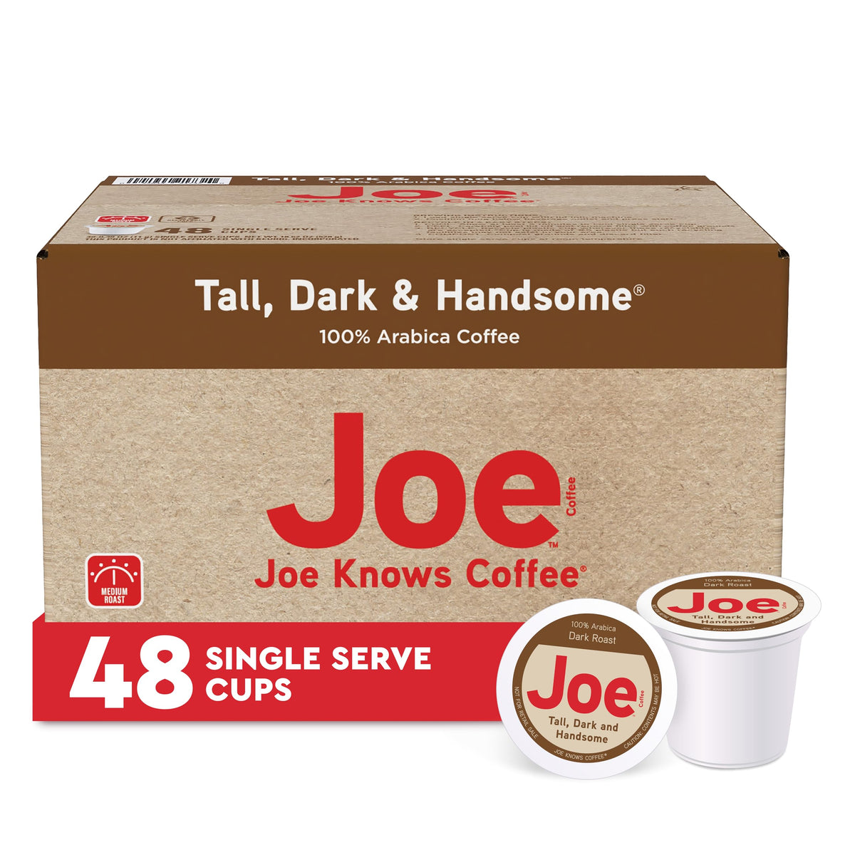 Joe Knows Coffee Tall Dark and Handsome 48-cup pack for quick mornings.