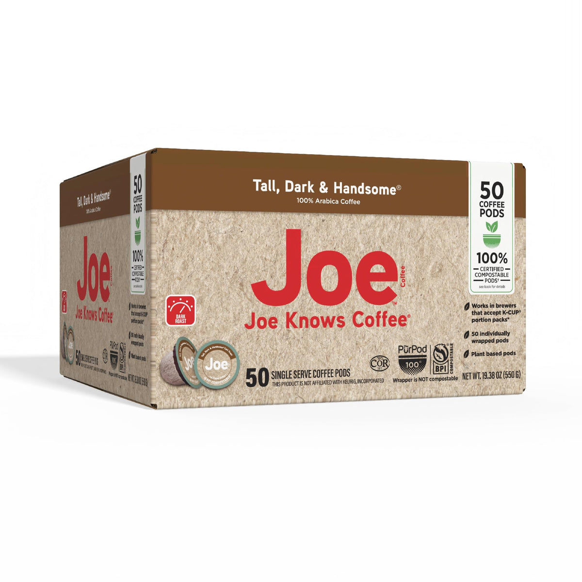 Joe Knows Coffee Tall Dark and Handsome cup steaming with rich aroma