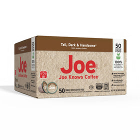 Joe Knows Coffee Tall Dark and Handsome cup steaming with rich aroma