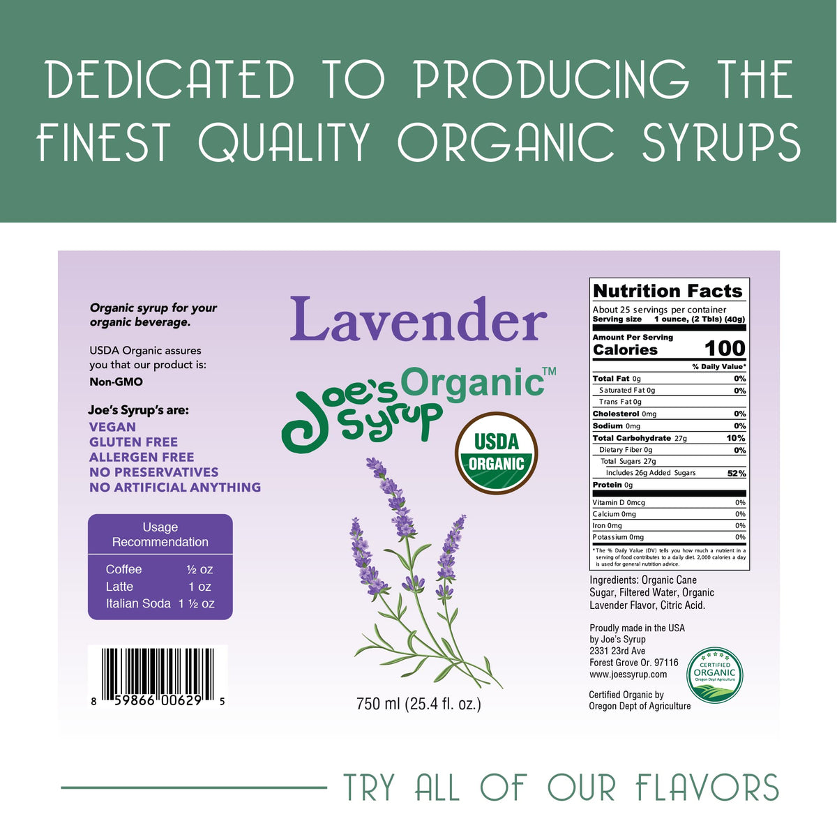 Joe's Syrup lavender pour scene adds subtle sweetness to drinks.