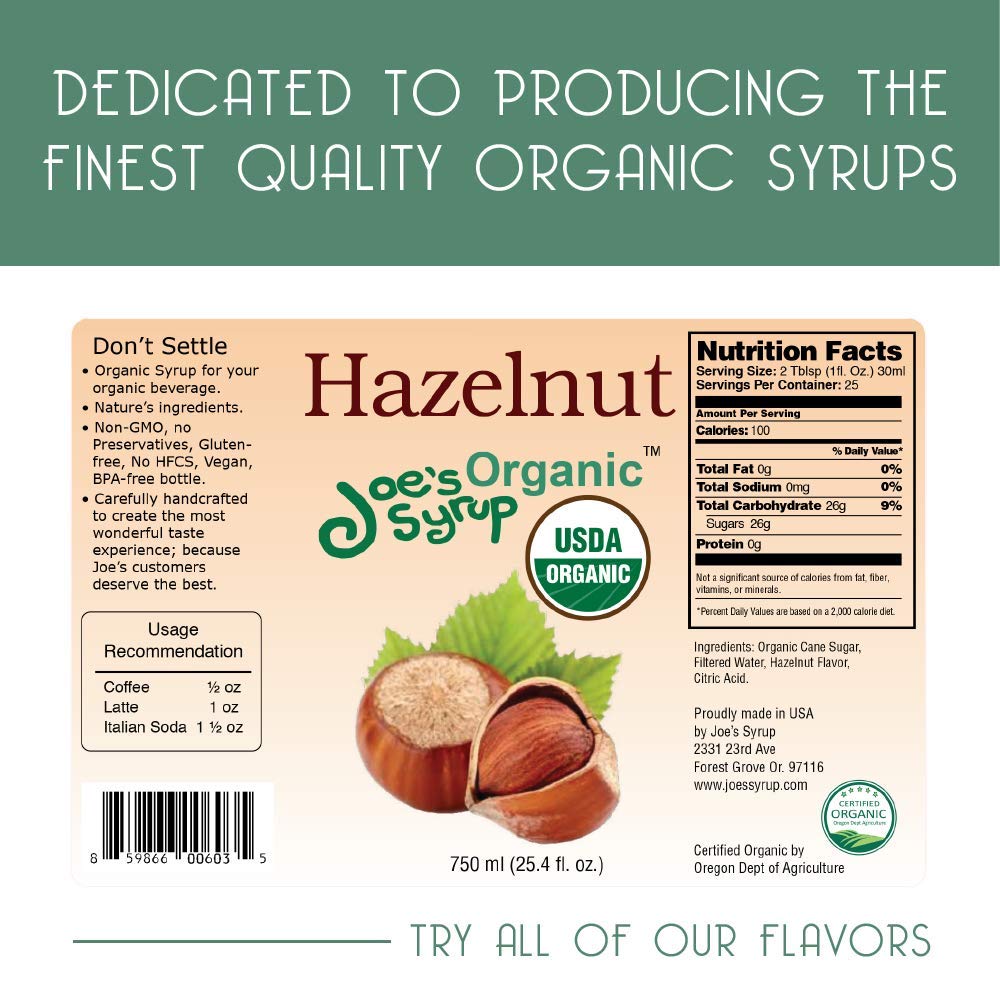 Joe’s Syrup Hazelnut bottle side shows natural ingredients for clean taste