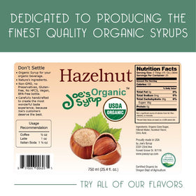 Joe’s Syrup Hazelnut bottle side shows natural ingredients for clean taste