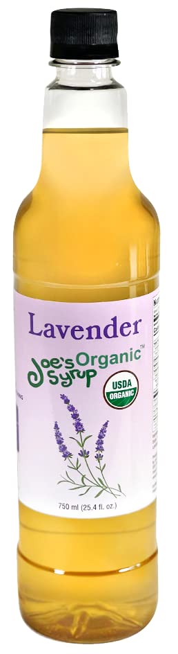 Joe's Syrup Organic Lavender bottle enhances beverages with floral aroma.