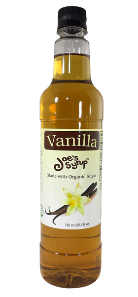 Joe's Syrup Vanilla bottle front showcases natural vanilla flavor for coffee.