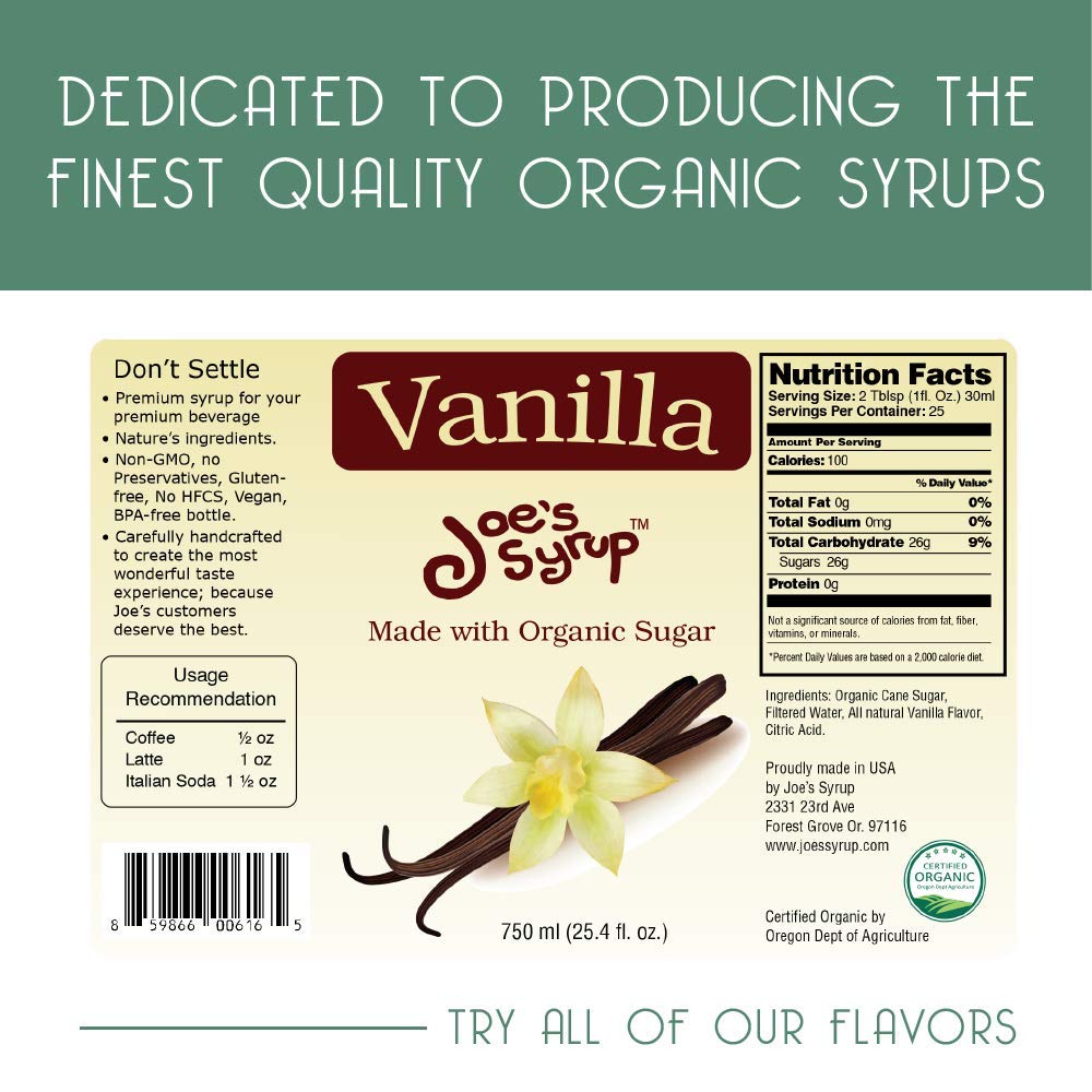 Joe's Syrup Vanilla bottle pour adds easy sweetness to beverages.