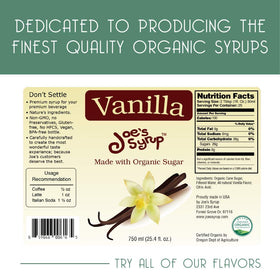 Joe's Syrup Vanilla bottle pour adds easy sweetness to beverages.