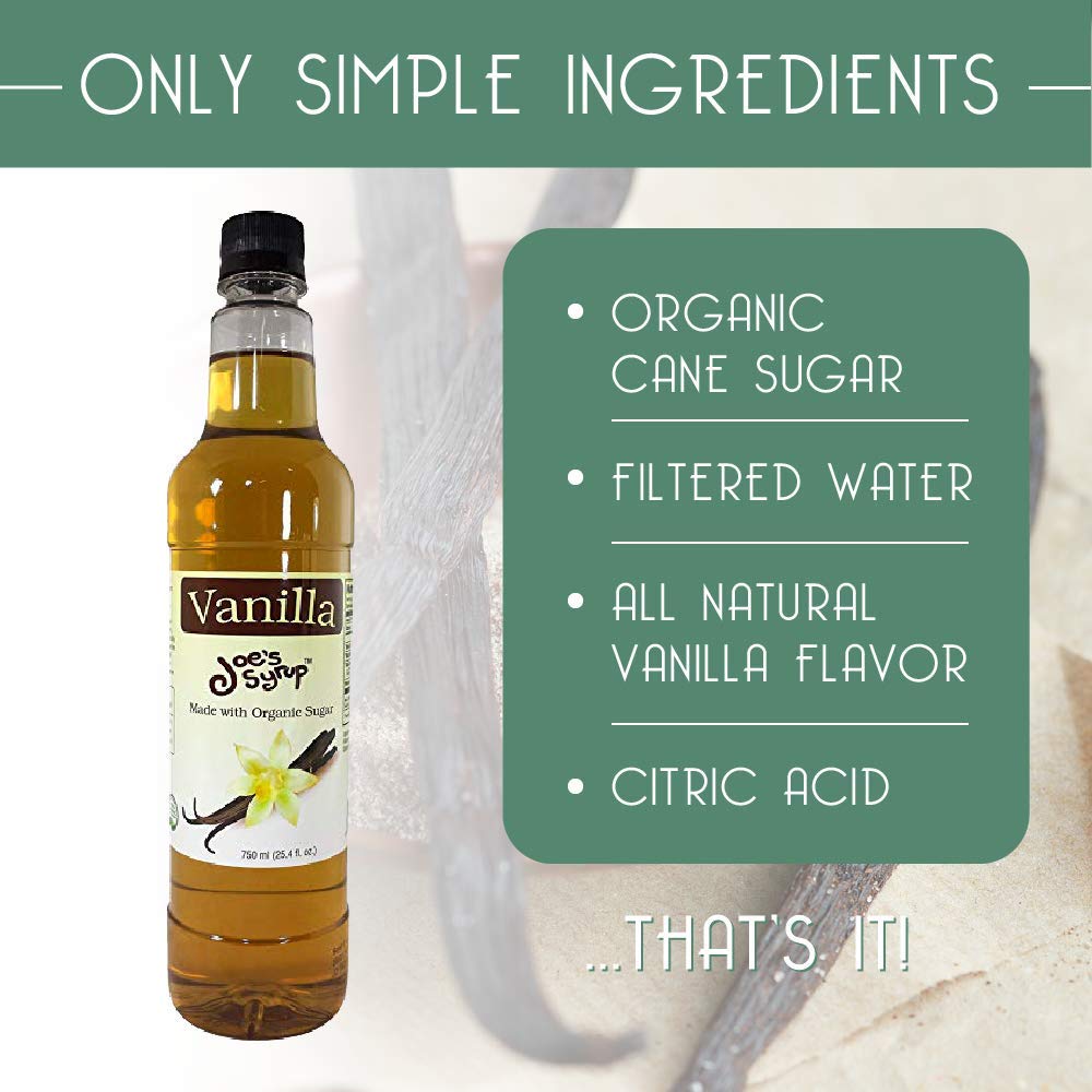 Joe's Syrup Vanilla label close-up highlights organic sugar base.