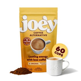 Joe'y Mushroom Coffee Alternative cup steaming for smooth focus during busy mornings.