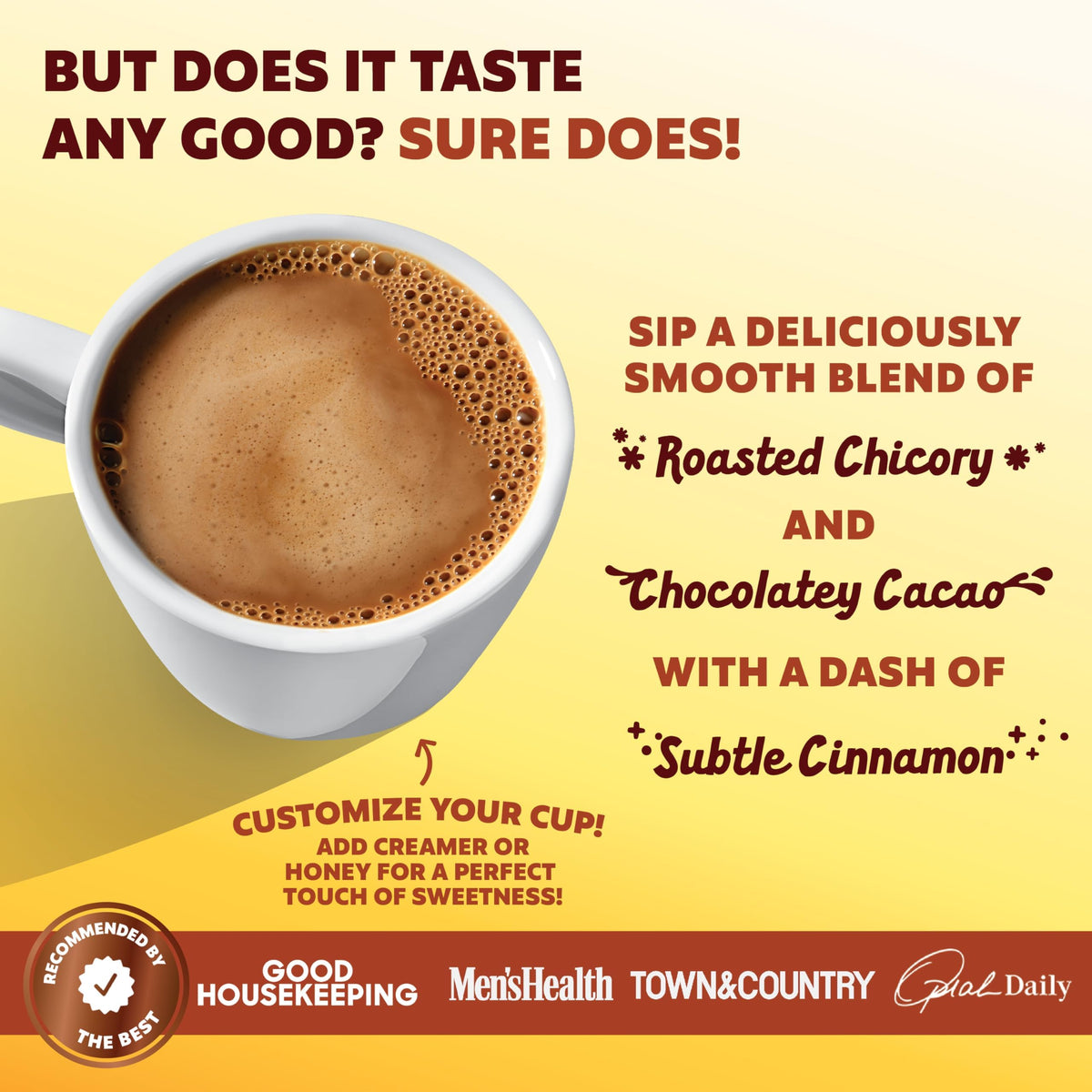 Joe'y Mushroom Coffee Alternative with roasted cacao flavor in a mug.