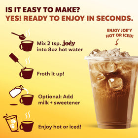 Joey Mushroom Coffee Alternative steaming cup for balanced energy.