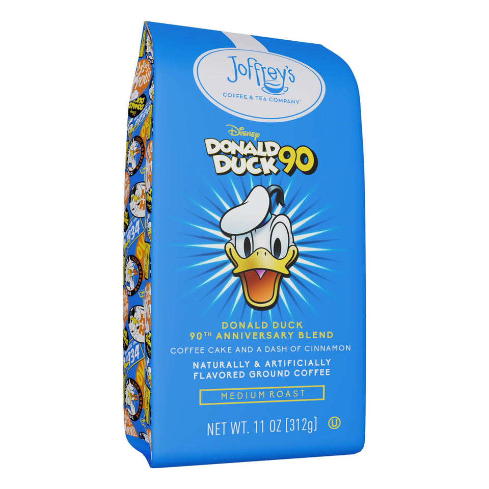 Joffrey's Disney Donald Duck 90th Anniversary blend canister—premium Arabica for rich mornings.