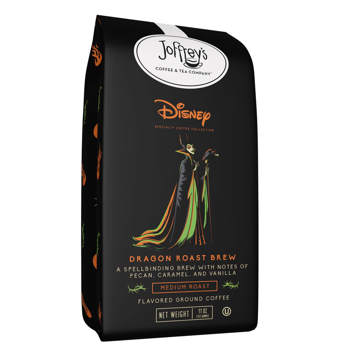 Joffrey's Disney Dragon Roast Brew cup shows pecan, caramel, and vanilla notes for a comforting morning ritual.