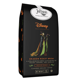 Joffrey's Disney Dragon Roast Brew cup shows pecan, caramel, and vanilla notes for a comforting morning ritual.