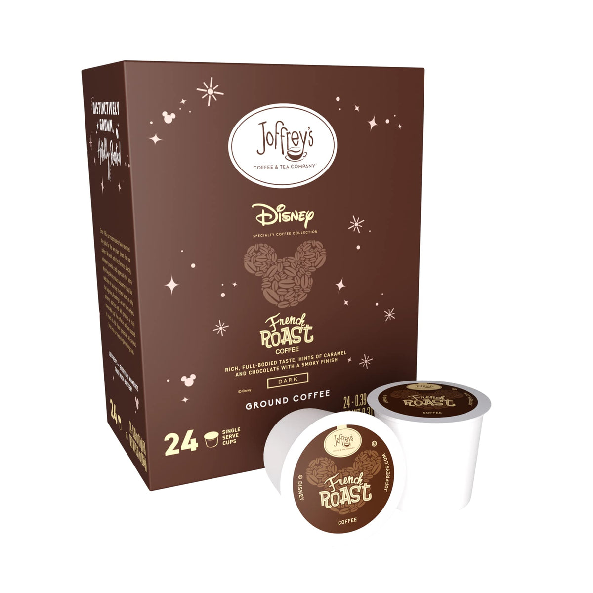 Joffrey's Disney French Roast packaging shows premium Arabica beans for a rich cup.