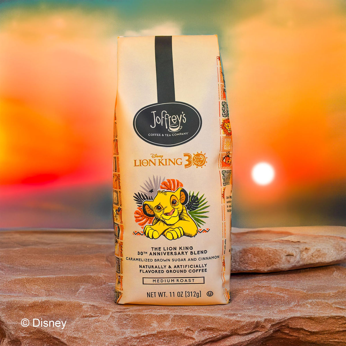 Joffrey's Lion King 30th Anniversary coffee cup setup highlighting a smooth brew.