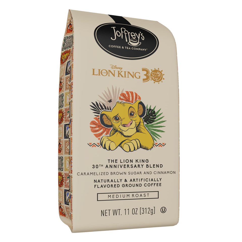 Joffrey's Lion King 30th Anniversary ground coffee bag releases rich aroma for mornings.