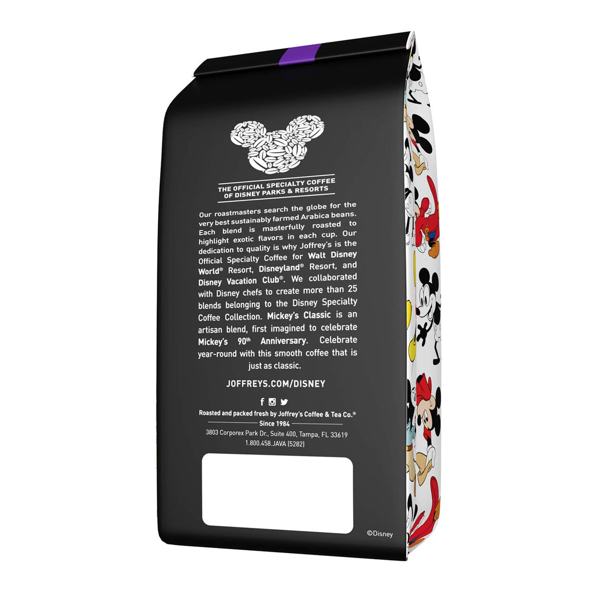 Joffrey's Mickey Mouse Classic Blend coffee beans show ethical sourcing and rich aroma.