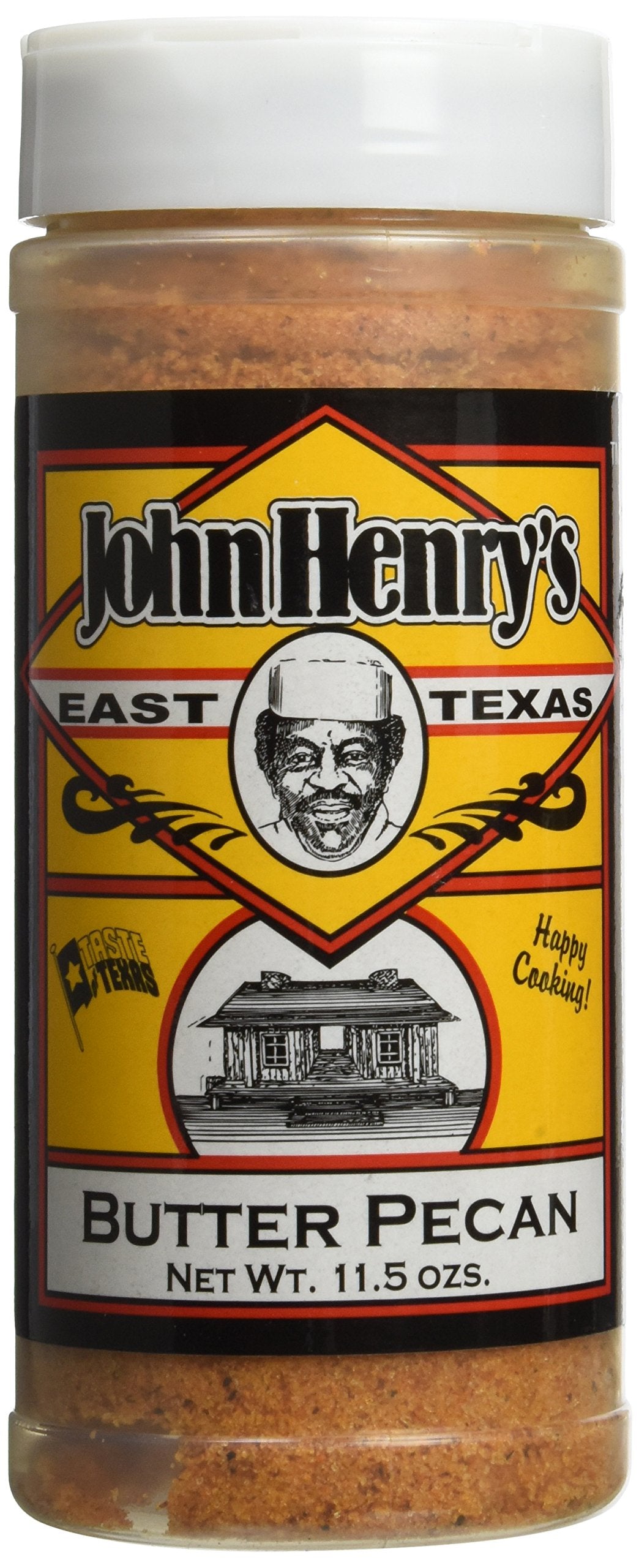 John Henry's East Texas Butter Pecan Rub being poured for rich BBQ flavor.