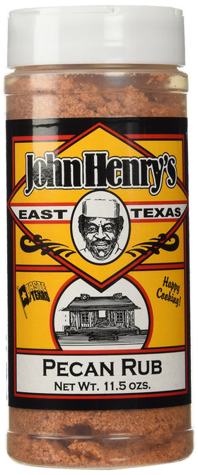 John Henry's Pecan Rub bottle on the counter ready to boost flavor.