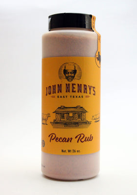 John Henry's Texas Size Pecan Rub bottle ready to season pork, poultry, or fish.