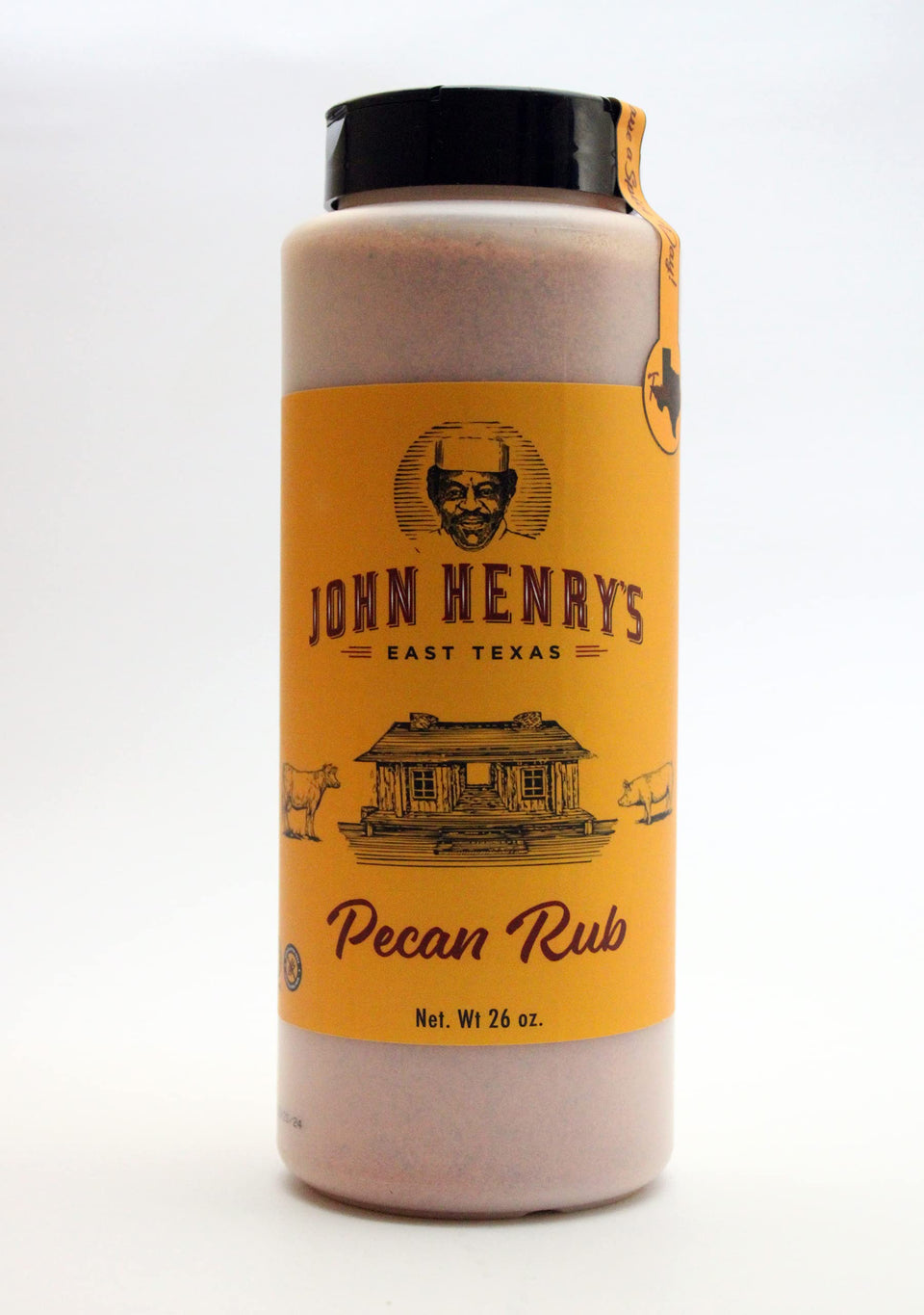 John Henry's Texas Size Pecan Rub bottle ready to season pork, poultry, or fish.