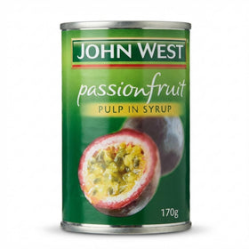 John West Passionfruit Pulp in Syrup bottle close-up for dessert topping