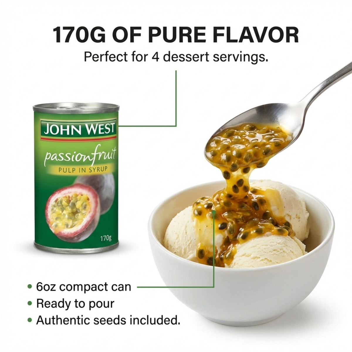 Pouring John West Passionfruit Pulp Syrup over ice cream for tropical flavor