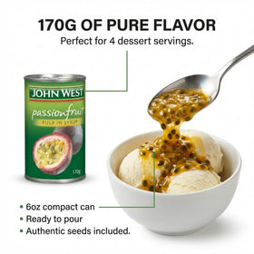 Pouring John West Passionfruit Pulp Syrup over ice cream for tropical flavor