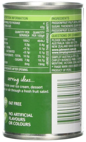 Packaging of John West Passionfruit Pulp Syrup with heavy syrup