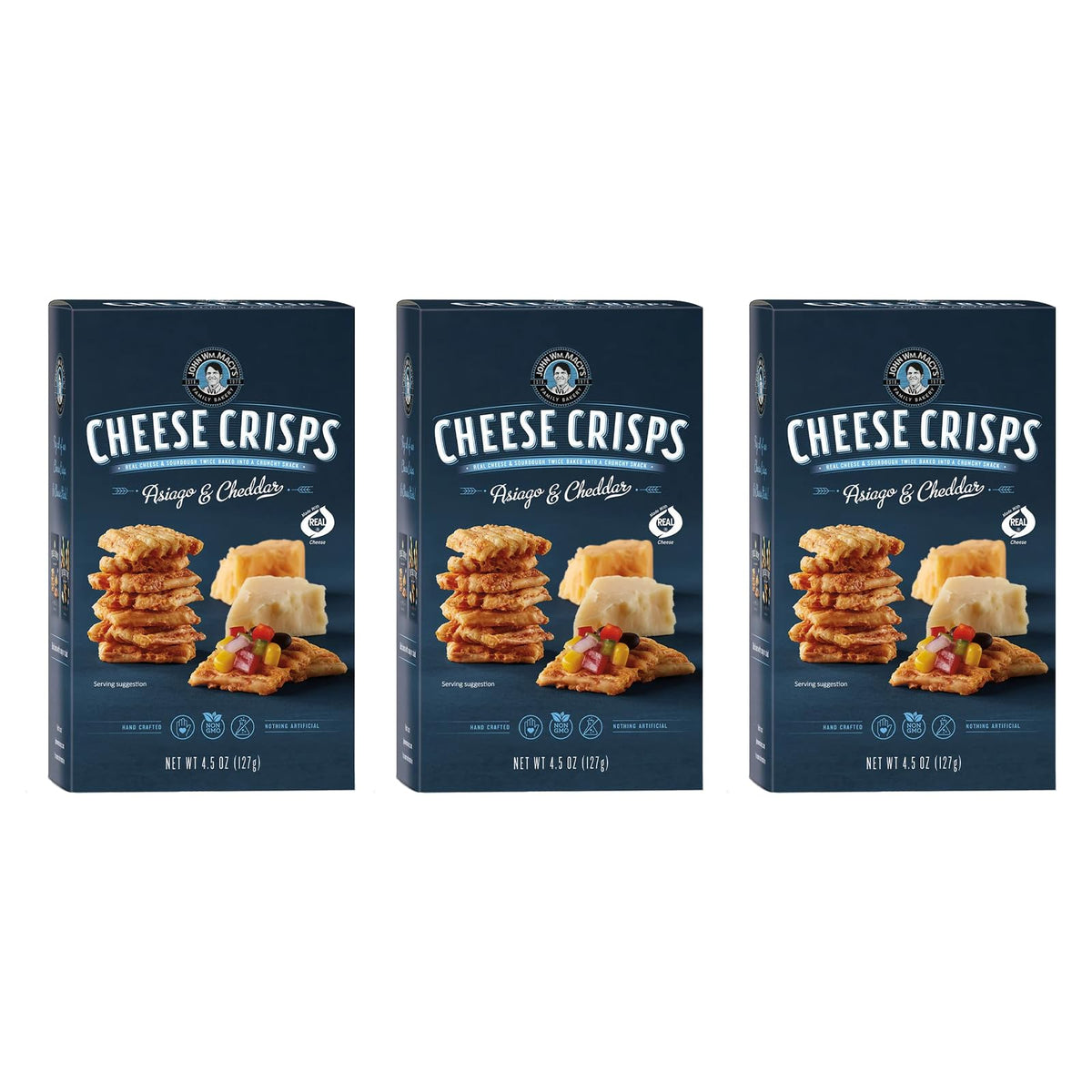 John Wm. Macy's CheeseCrisps bag close-up showing Asiago and Cheddar for premium snacking.