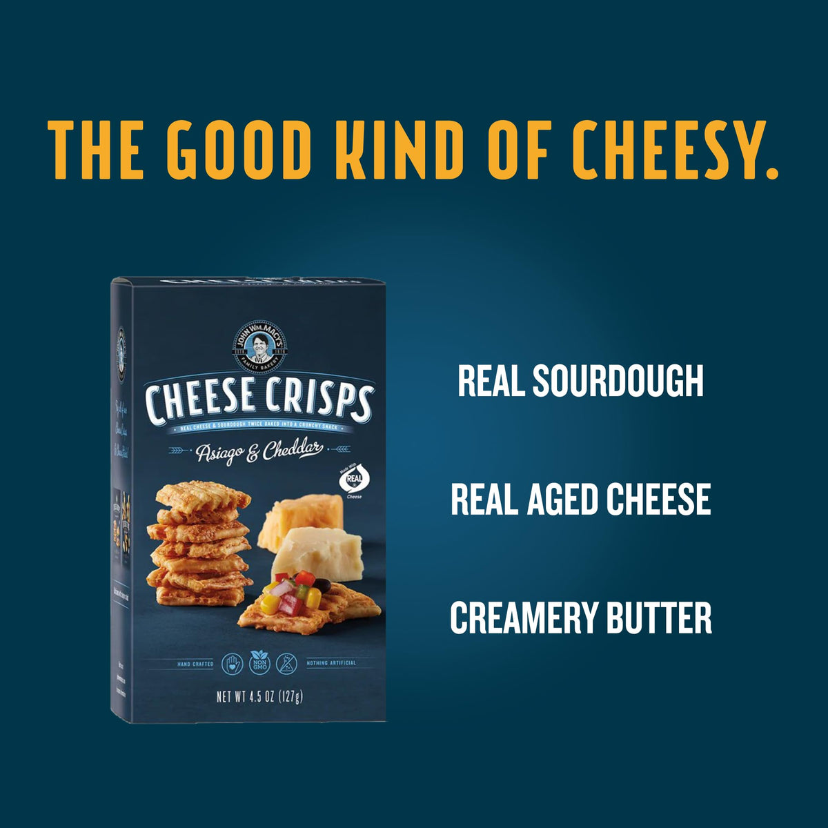 Macro shot of CheeseCrisps texture highlighting baked-twice crunch by John Wm. Macy's.