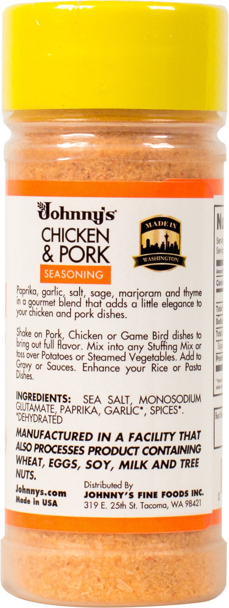 Johnny's seasoning shaker dusting a dish for savory pork and poultry