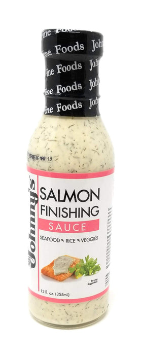 Johnny's Salmon Finishing Sauce bottle ready for finishing a salmon fillet.