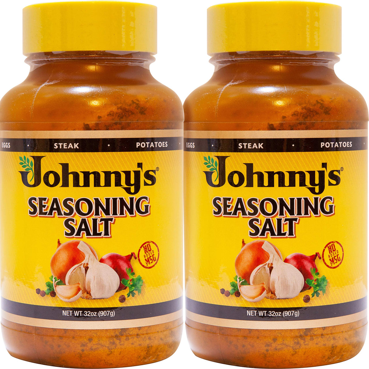 Johnny's Seasoning Salt 2-pack bottle pour enhances flavor on meats and vegetables.