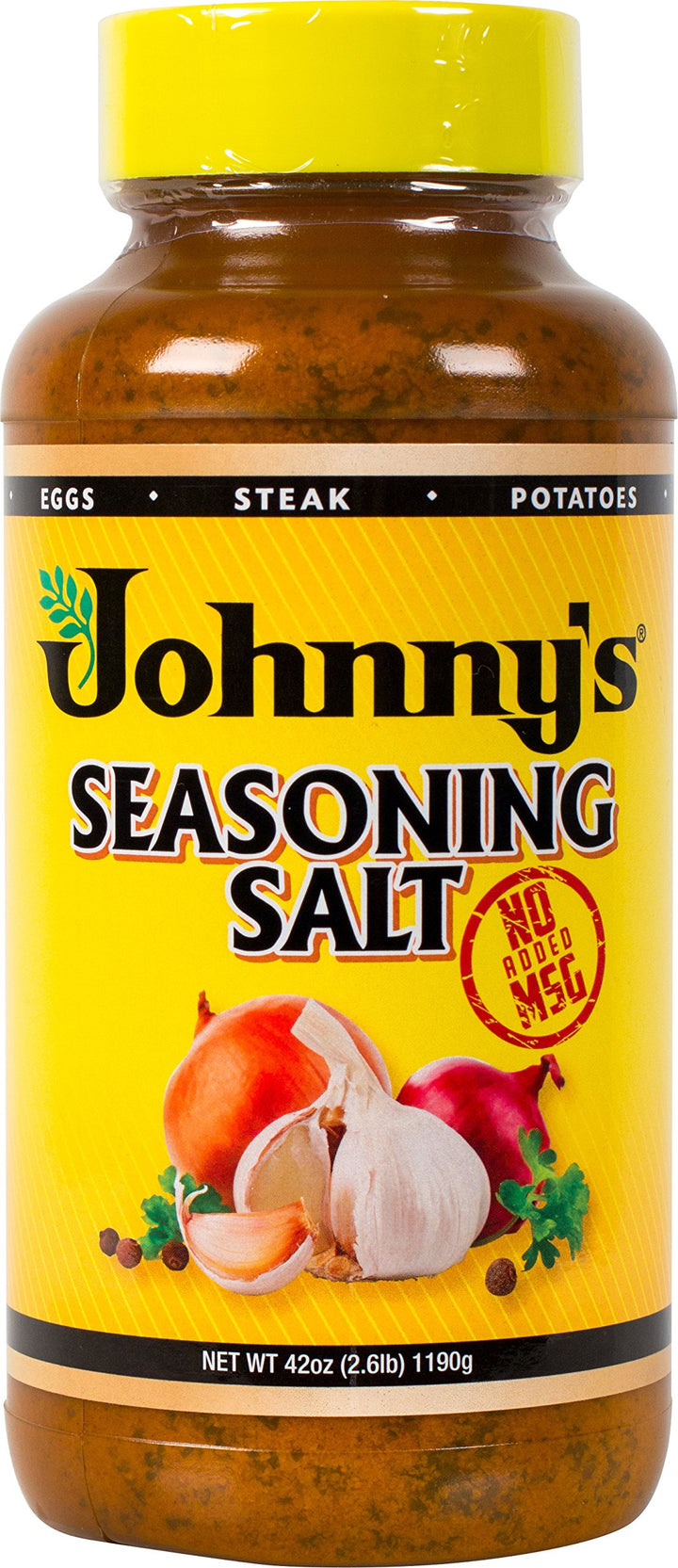 Johnny's Seasoning Salt jar front view highlights a versatile blend for many dishes.