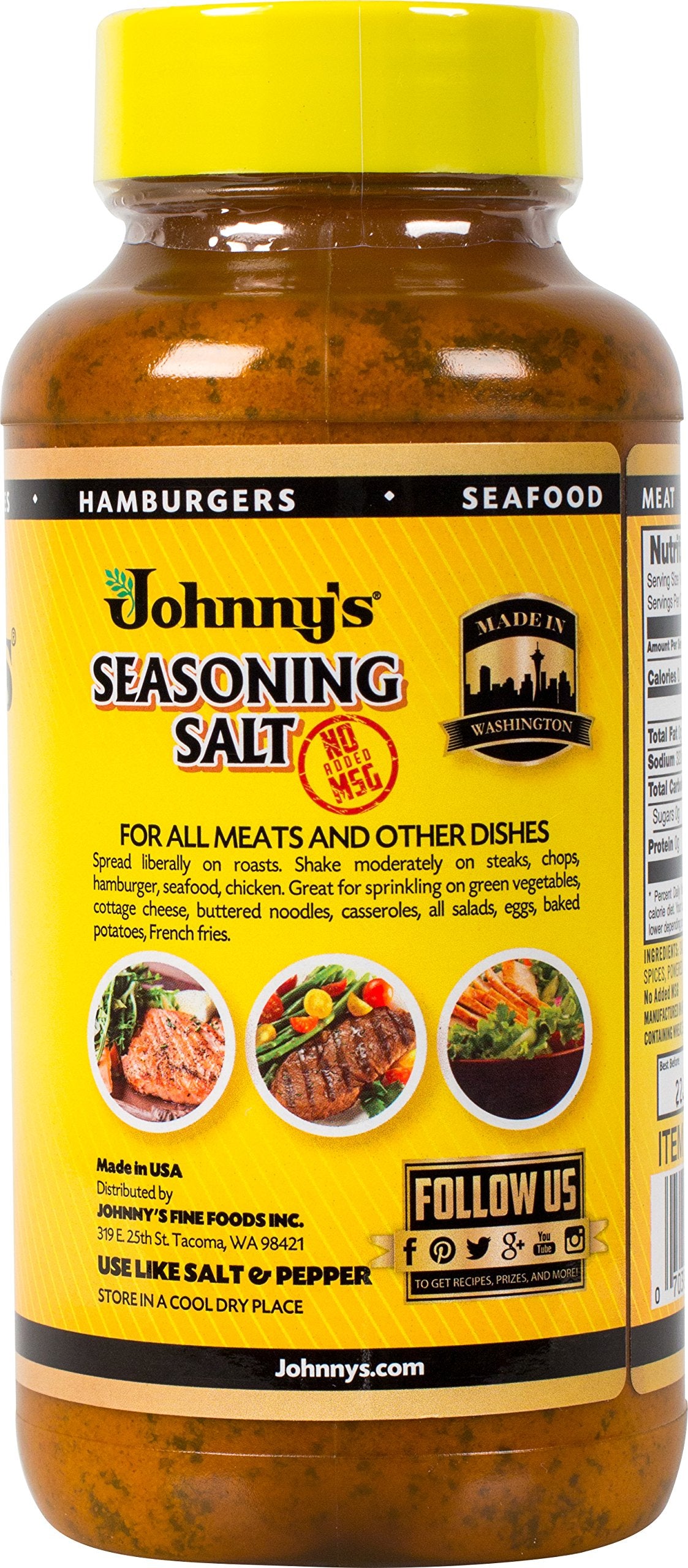 Johnny's Seasoning Salt jar side view shows a convenient shaker for quick meals.