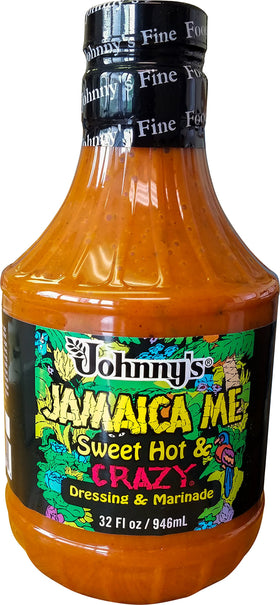 Johnny's Sweet Hot Crazy Dressing bottle pour enhances meals with bold zest.