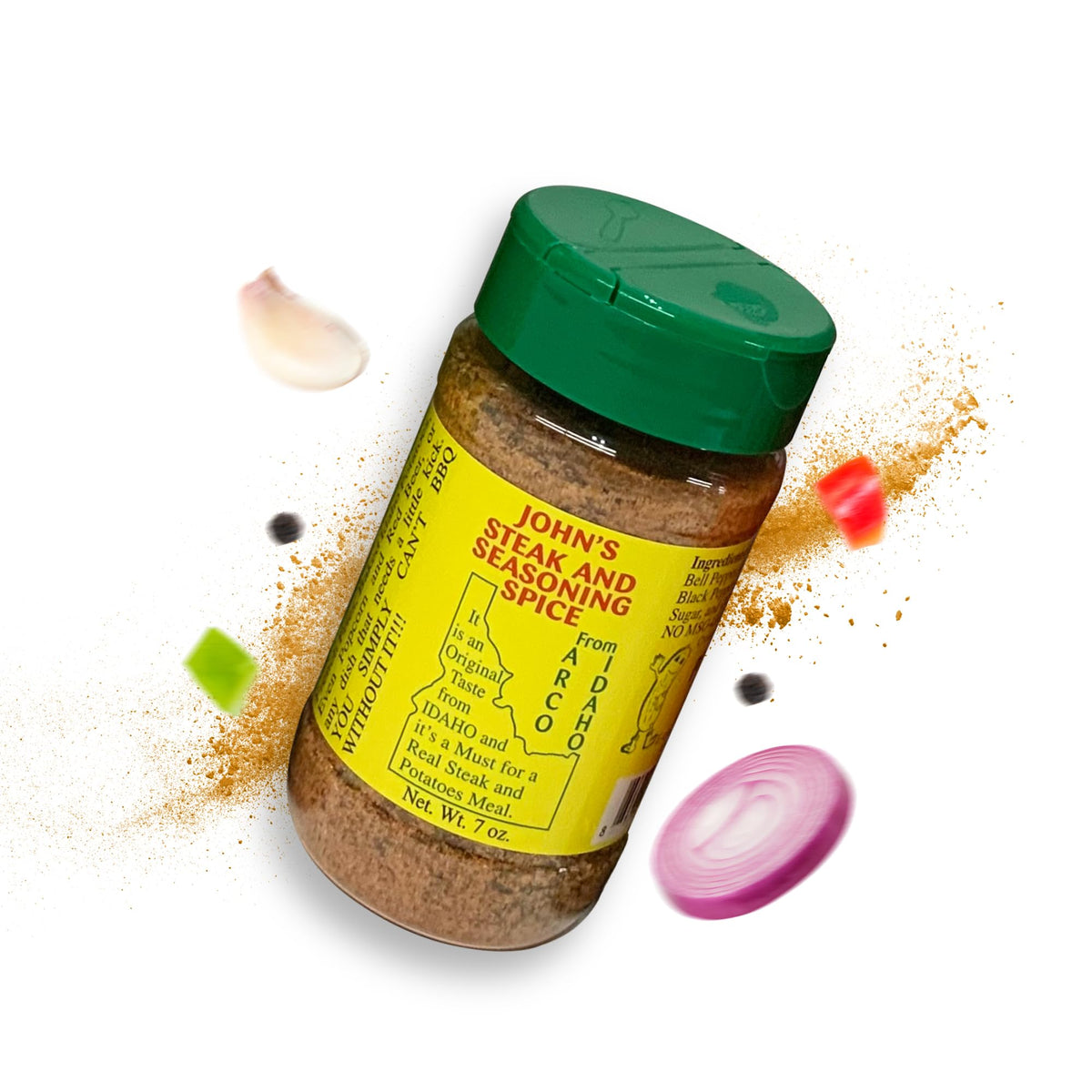 John’s Steak and Seasoning Spice original bottle front enhances versatile grilling flavor