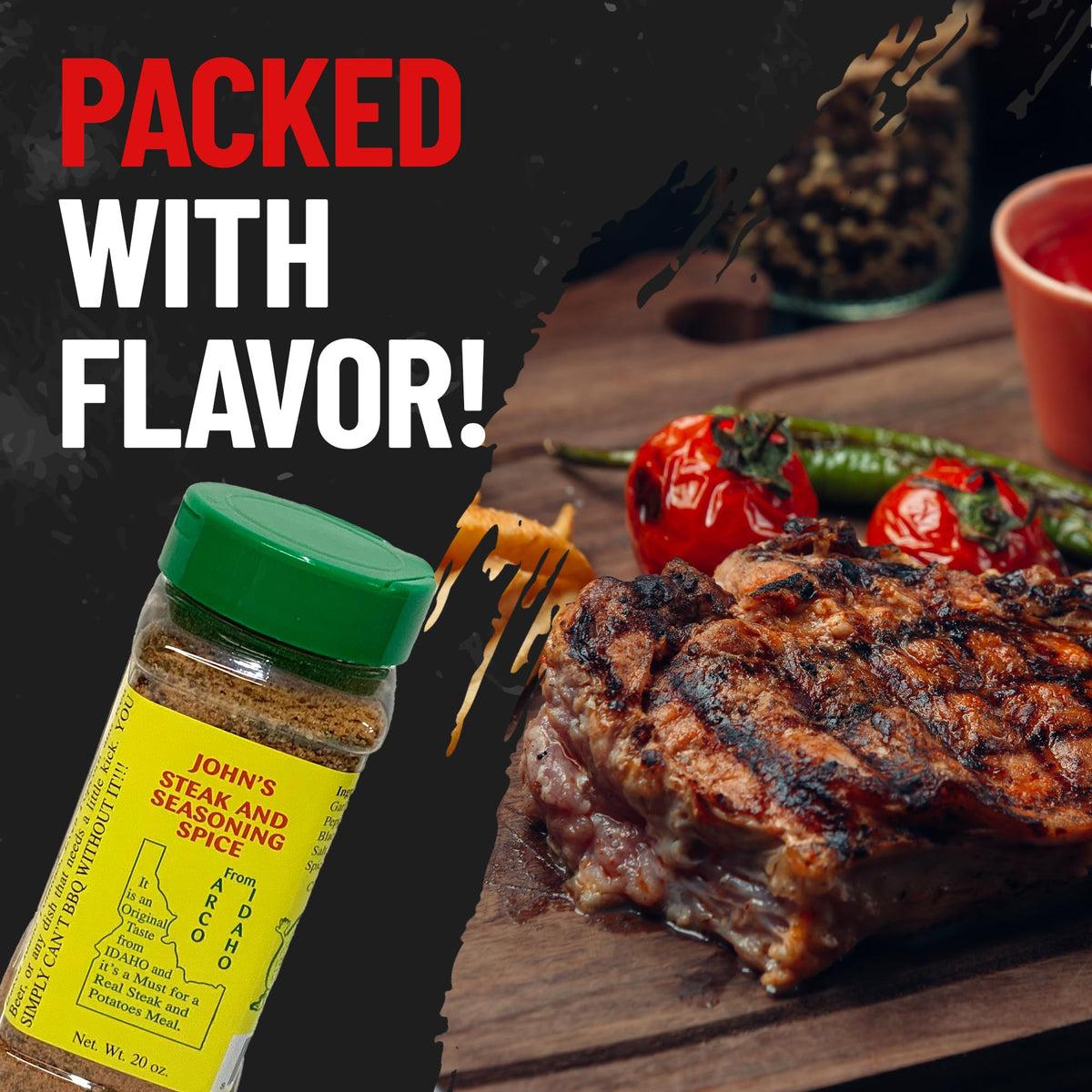 John's Steak and Seasoning Spice ingredients jar close-up with garlic and peppers