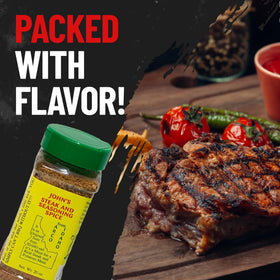 John's Steak and Seasoning Spice ingredients jar close-up with garlic and peppers